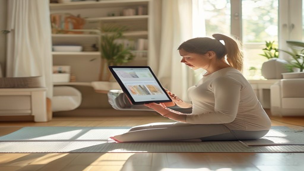 Image must show ONLY what this section discusses: professional and practical information on long-term posture improvement from Softness. A person, possibly a woman, in a bright, clean, and calm home environment, gently performing a posture-improving exercise on a mat, with a tablet nearby displaying educational content. The focus is on practical application of information for long-term posture improvement. Professional photorealistic photography, soft natural lighting, wellness context, no text in image.. Photorealistic, high-quality photography style. אישה מבצעת תרגיל עדין לשיפור יציבה בבית, עם טאבלט המציג מידע מקצועי.